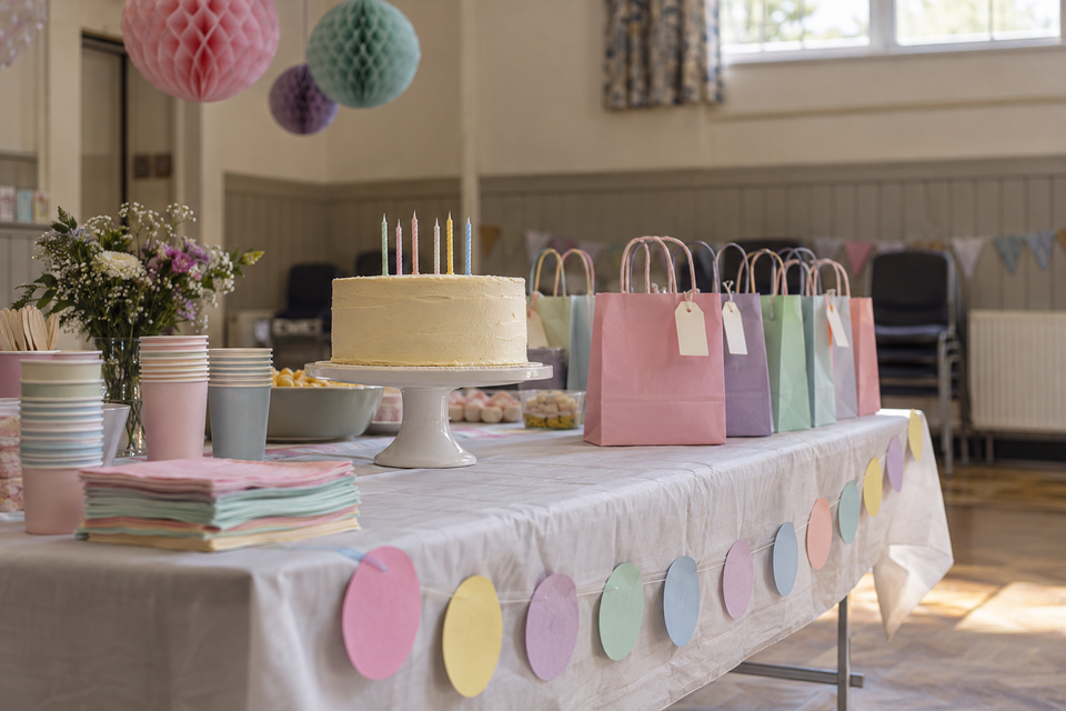 A children's party cake table with paper party bags lined up, before the guests arrive.