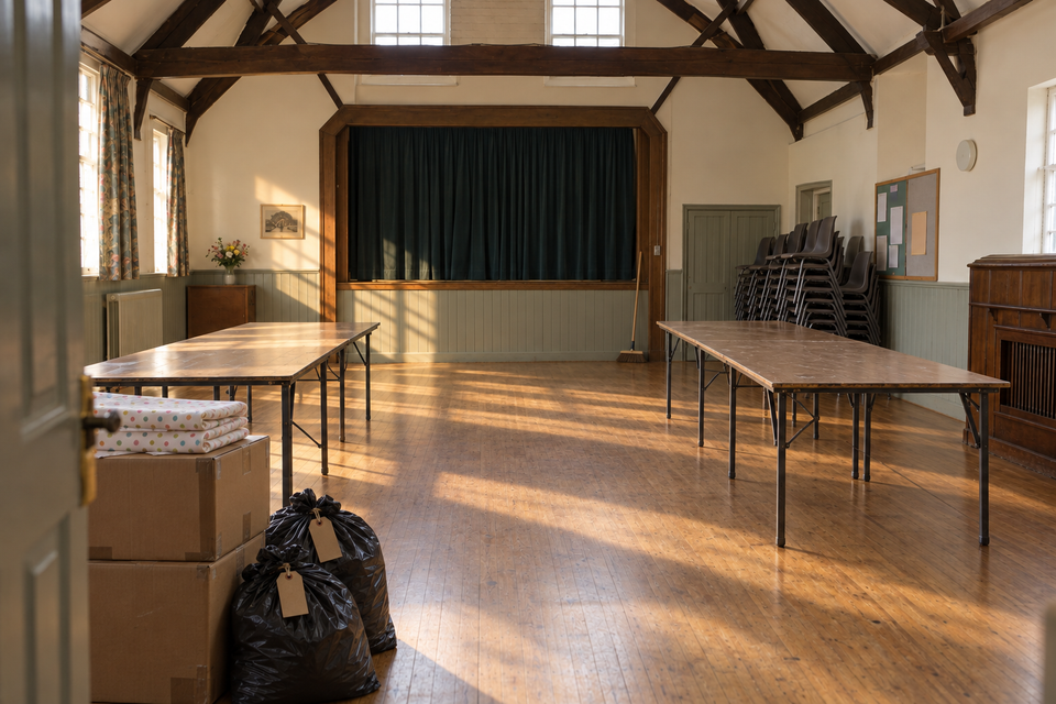 The same hall after the pack-down: bare tables, chairs stacked, decorations boxed and two tied bags by the door.