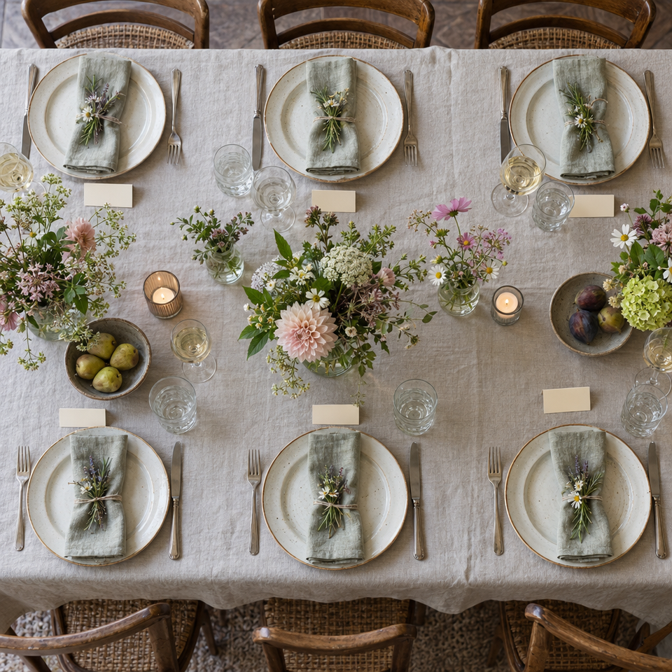 A party table laid with plates, cups and paper garlands, before the guests sit down.